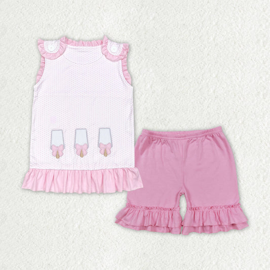 rts no moq GT0534+SS0181 Embroidered bow ice cream pink polka dot sleeveless top Pink and purple lace shorts sets