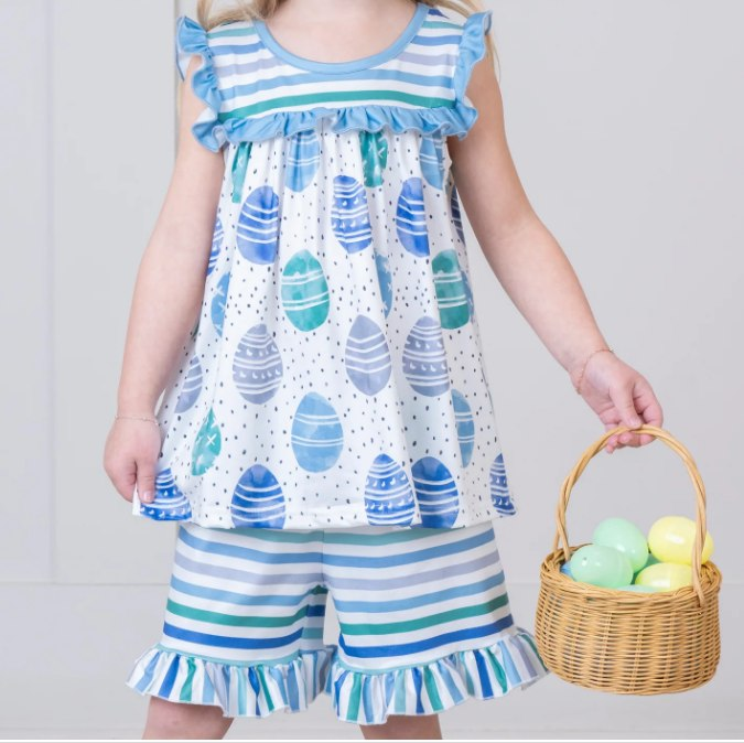 no moq GSSO1467 PRE-ORDER baby girl clothes easter blue sleeveless shorts set-2024.10.10