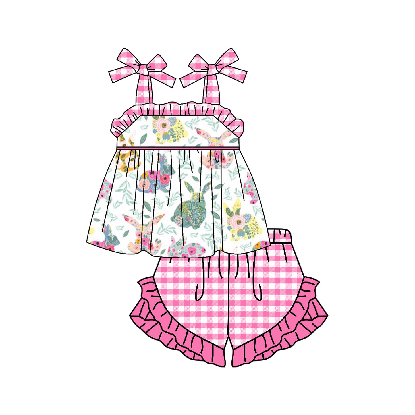 no moq GSSO1468 PRE-ORDER baby girl clothes easter pink suspender shorts set-2024.10.10