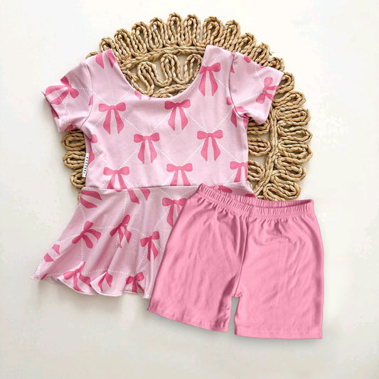 no moq GSSO1472 PRE-ORDER baby girls clothes bow pink short sleeve shorts set-2024.10.11