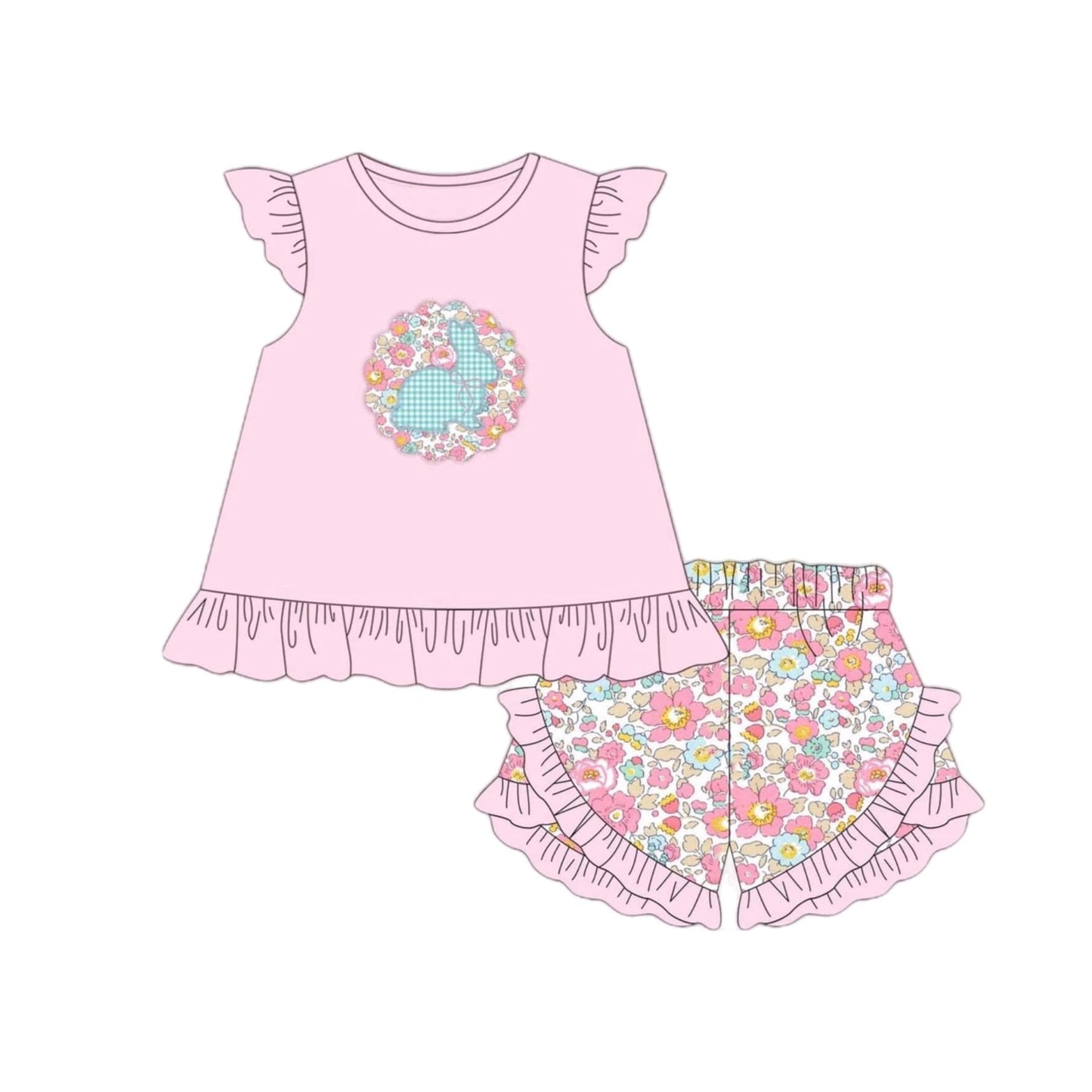 no moq GSSO1475 PRE-ORDER baby girls clothes easter pink flying sleeve shorts set-2024.10.12