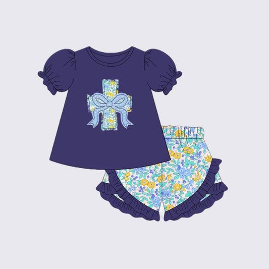 no moq GSSO1477 PRE-ORDER baby girls clothes easter navy blue short sleeve shorts set-2024.10.12