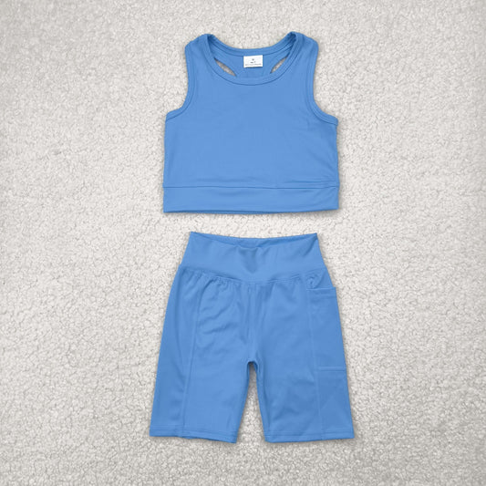 RTS NO MOQ GSSO1515 Pure blue vest shorts yoga suit