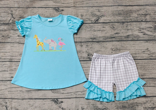 no moq GSSO1520 PRE-ORDER baby girls clothes embroidery blue and green short sleeve shorts set