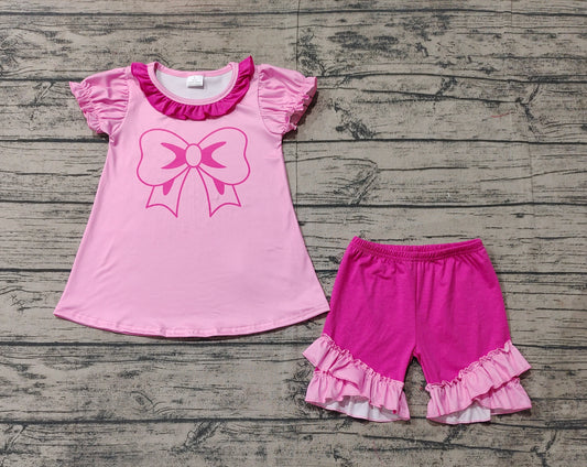 no moq GSSO1531 PRE-ORDER baby girls clothes bow rose red short sleeve shorts set