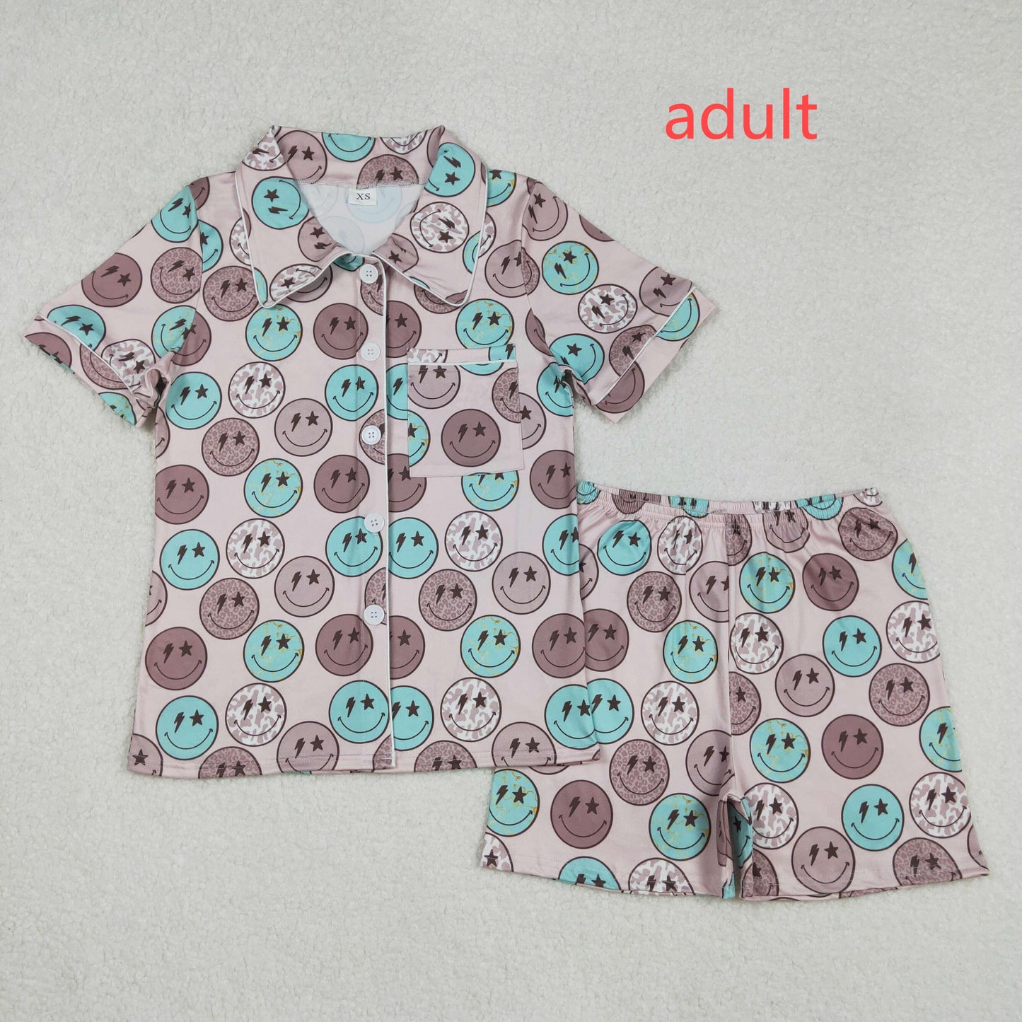 RTS NO MOQ Adult Girls smiley Short Sleeve Shorts Pajama Set & kids shorts sets