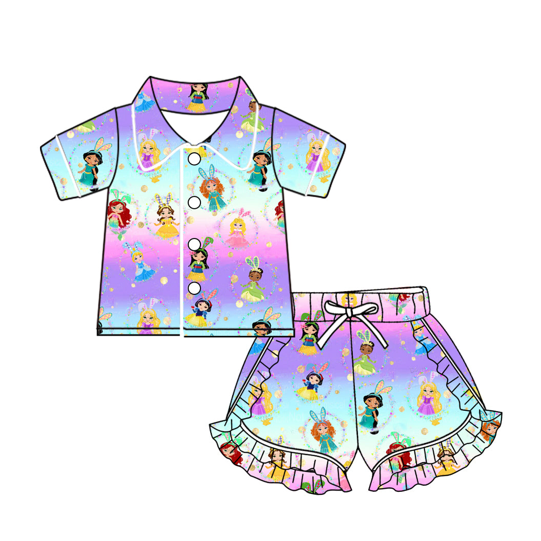 no moq GSSO1560 PRE-ORDER baby girl clothes disney princess colorful short sleeve shorts set-2024.11.5