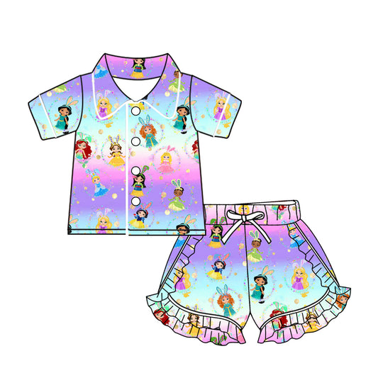 no moq GSSO1560 PRE-ORDER baby girl clothes disney princess colorful short sleeve shorts set-2024.11.5