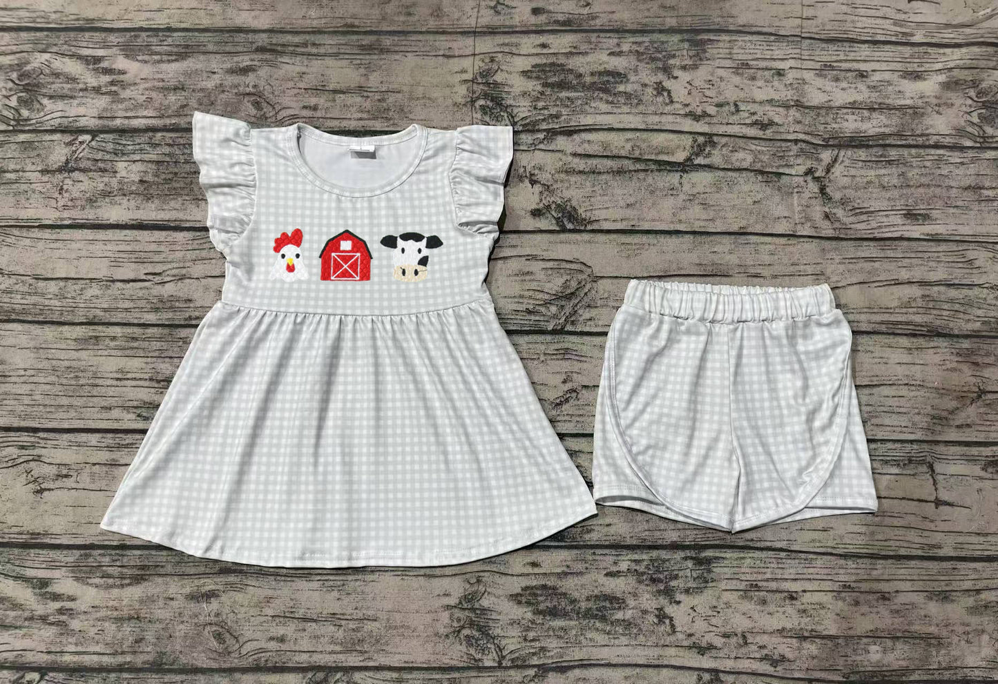 no moq GSD1564 pre-order baby girls clothes embroidery farm cow flying sleeve shorts sets