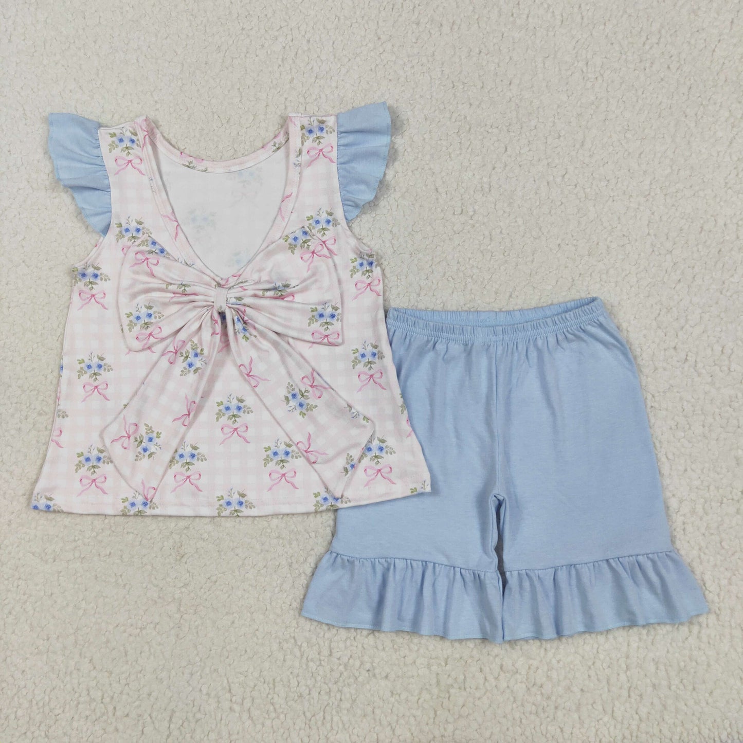 RTS NO MOQ GSSO1577 Pink plaid flying sleeves with flower and bow pattern and blue lace shorts set