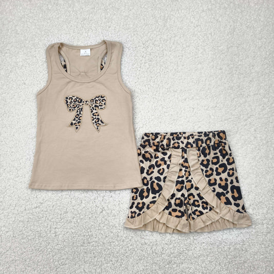 RTS NO MOQ GSSO1603 Embroidered leopard print bow brown vest shorts set
