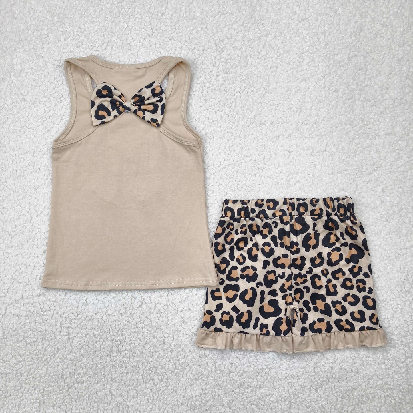 RTS NO MOQ GSSO1603 Embroidered leopard print bow brown vest shorts set