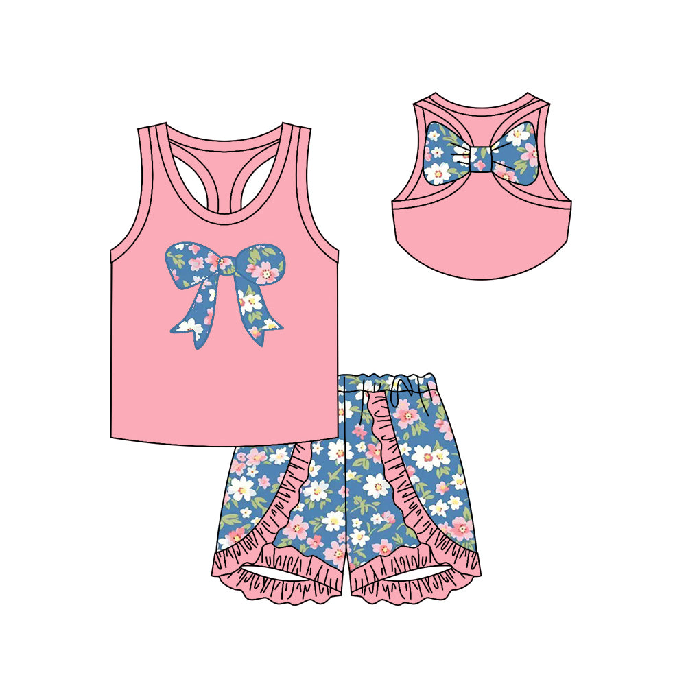 no moq GSSO1622 PRE-ORDER baby girl clothes bow floral sleeveless shorts set-2024.11.15