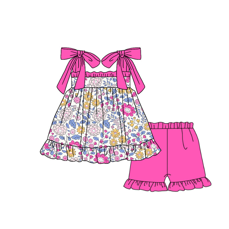 no moq GSSO1631 PRE-ORDER baby girl clothes floral pink suspender shorts set-2024.11.16