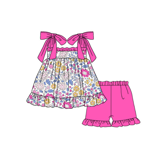 no moq GSSO1631 PRE-ORDER baby girl clothes floral pink suspender shorts set-2024.11.16