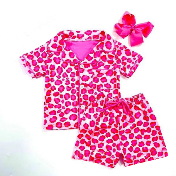 no moq GSSO1638 PRE-ORDER baby girl clothes leopard rose red short sleeve shorts set-2024.11.19