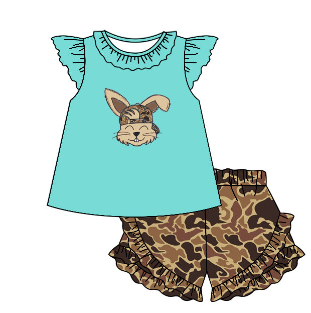 no moq GSSO1651 pre-order baby girls clothes easter teal camouflage flying sleeve sets-2024.11.21