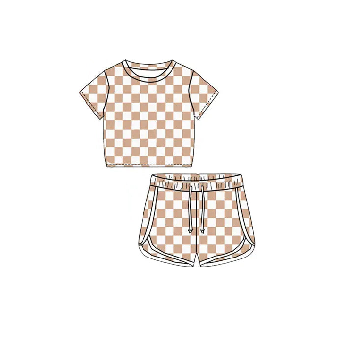 no moq GSSO1657 PRE-ORDER baby girl clothes plaid short sleeve shorts set-2024.11.22