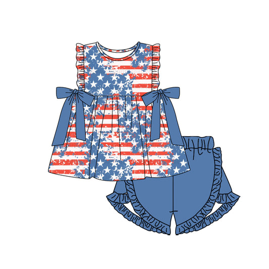 no moq GSSO1665 pre-order baby girls clothes star blue sleeveless shorts sets-2024.11.23