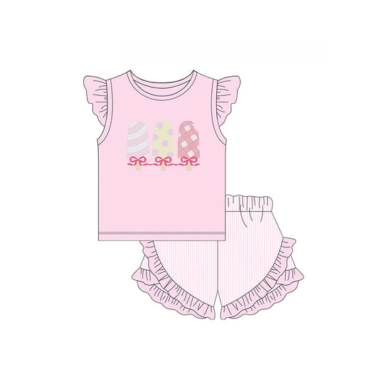 no moq GSSO1668 pre-order baby girls clothes ice cream pink flying sleeve sets-2024.11.23