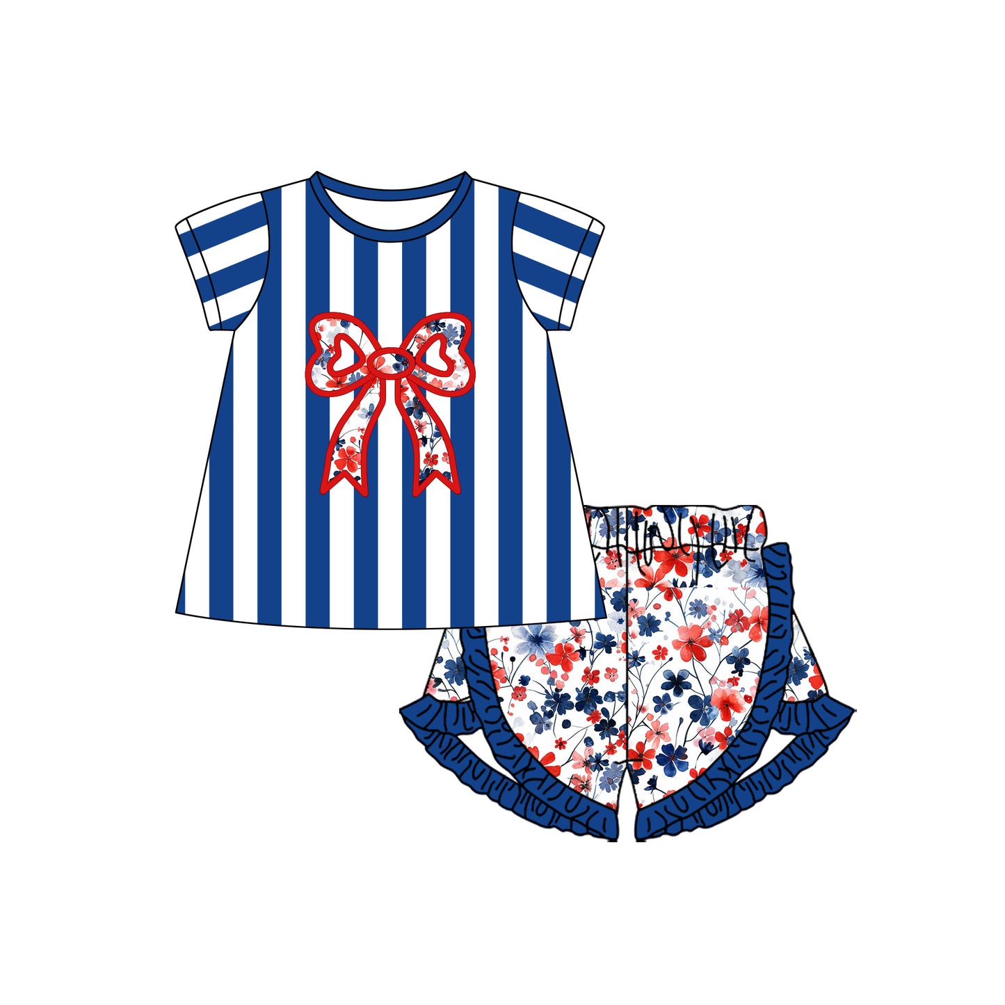 no moq GSSO1669 PRE-ORDER baby girl clothes bow floral blue striped short sleeve shorts set-2024.11.25