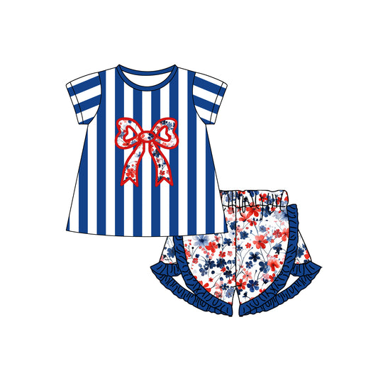 no moq GSSO1669 PRE-ORDER baby girl clothes bow floral blue striped short sleeve shorts set-2024.11.25