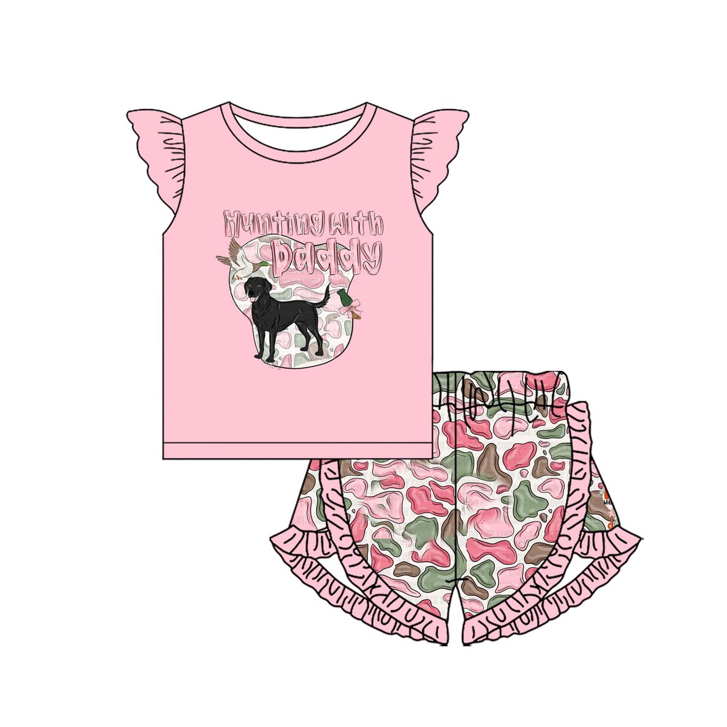 no moq GSSO1670 PRE-ORDER baby girl clothes HUNTING short sleeve shorts set-2024.11.26