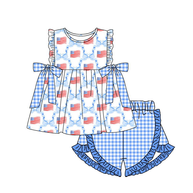 no moq GSSO1684 PRE-ORDER baby girl clothes 4th of july flag bow blue sleeveless shorts set-2024.11.29