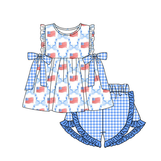 no moq GSSO1684 PRE-ORDER baby girl clothes 4th of july flag bow blue sleeveless shorts set-2024.11.29