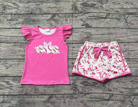 no moq GSSO1685 PRE-ORDER baby girl clothes baseball rose red flying sleeve shorts set