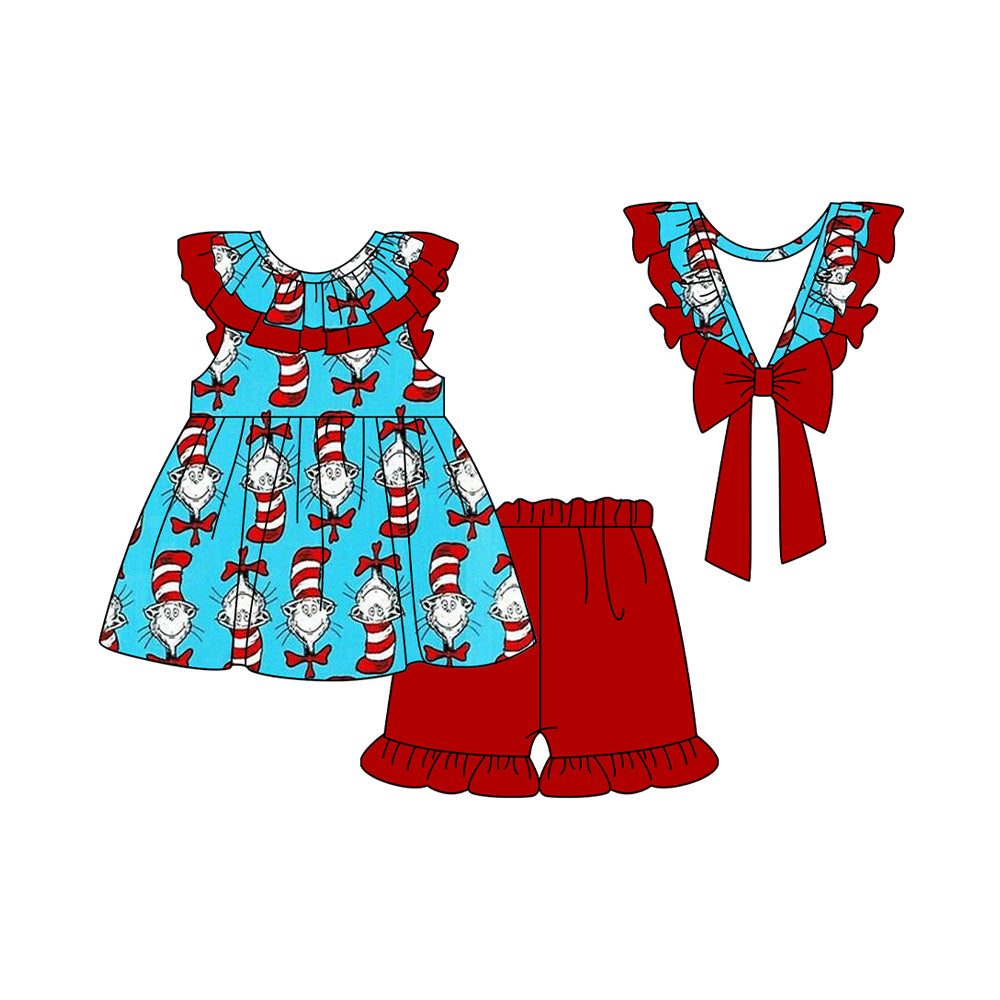 no moq GSSO1691 PRE-ORDER baby girl clothes dr seuss blue flying sleeve shorts set-2024.11.29