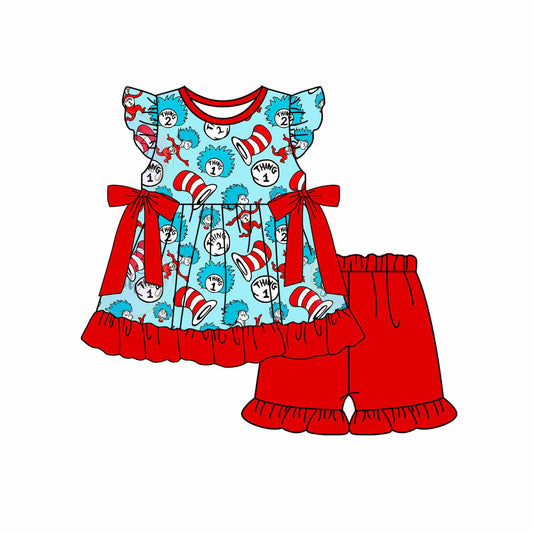 no moq GSSO1693 PRE-ORDER baby girl clothes dr seuss blue and red flying sleeve shorts set-2024.11.29=