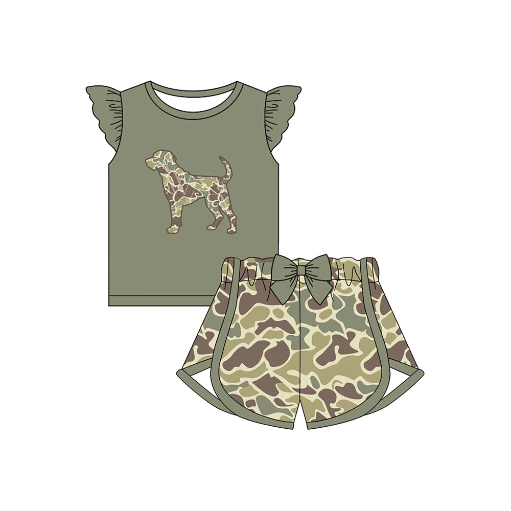 no moq GSSO1694 PRE-ORDER baby girl clothes camouflage puppy flying sleeve shorts set-2024.11.30