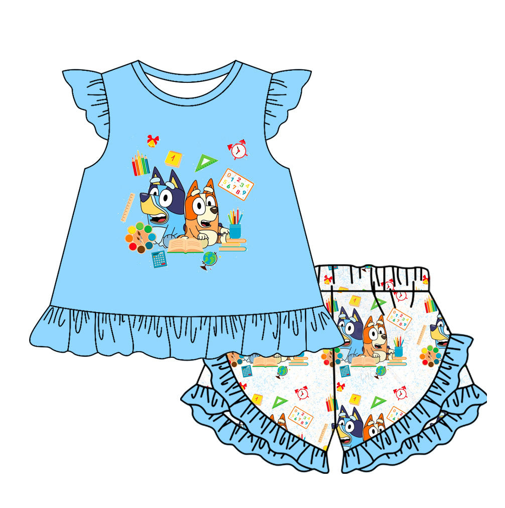 no moq GSSO1696 PRE-ORDER baby girl clothes cartoon dog blue flying sleeve shorts set-2024.11.30