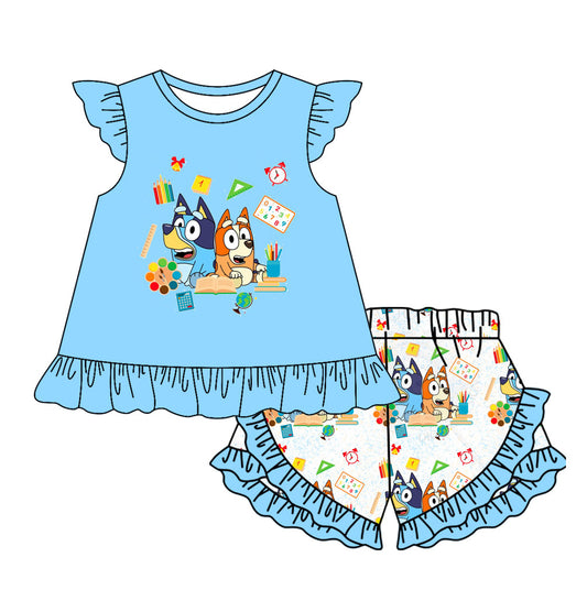 no moq GSSO1696 PRE-ORDER baby girl clothes cartoon dog blue flying sleeve shorts set-2024.11.30