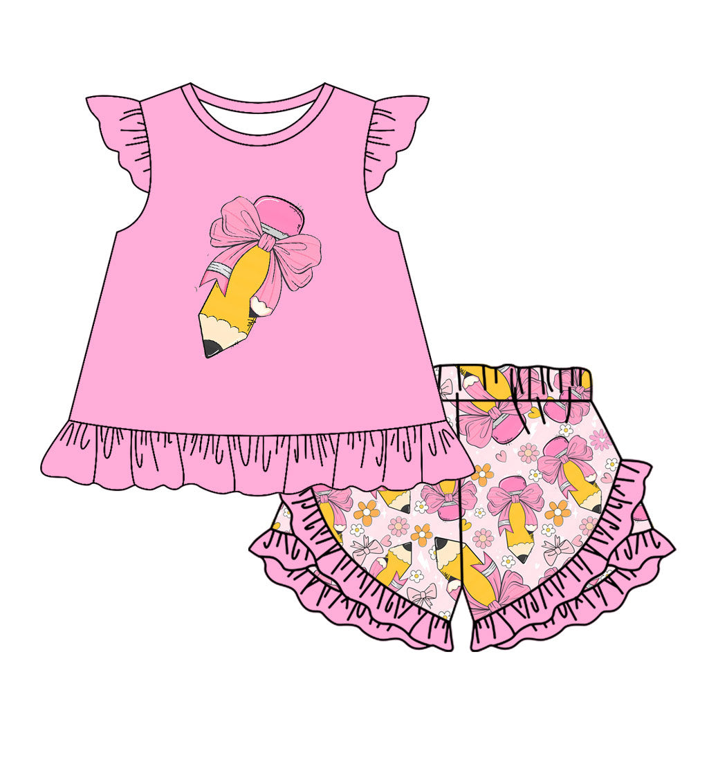 no moq GSSO1697 PRE-ORDER baby girl clothes pencil floral pink flying sleeve shorts set-2024.11.30