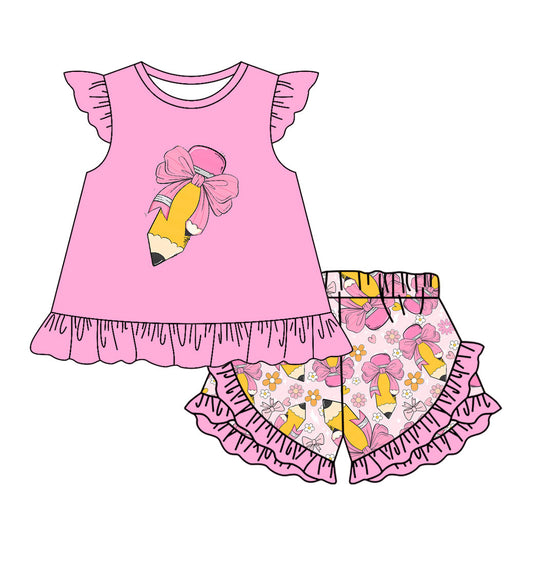 no moq GSSO1697 PRE-ORDER baby girl clothes pencil floral pink flying sleeve shorts set-2024.11.30