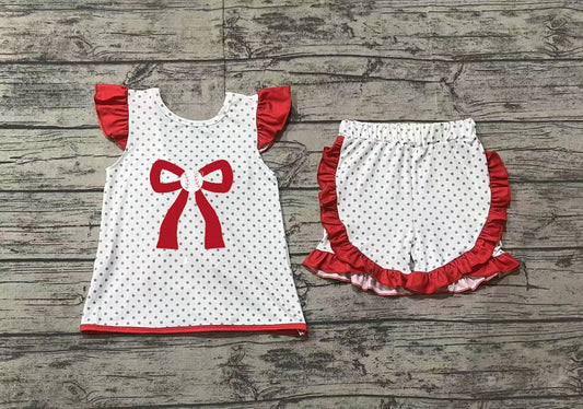 no moq GSSO1698 PRE-ORDER baby girl clothes embroidery bow flying sleeve shorts set