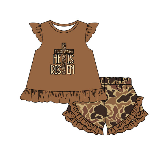 no moq GSSO1699 PRE-ORDER baby girl clothes Easter HE IS RISEN camouflage flying sleeve shorts set-2024.12.2