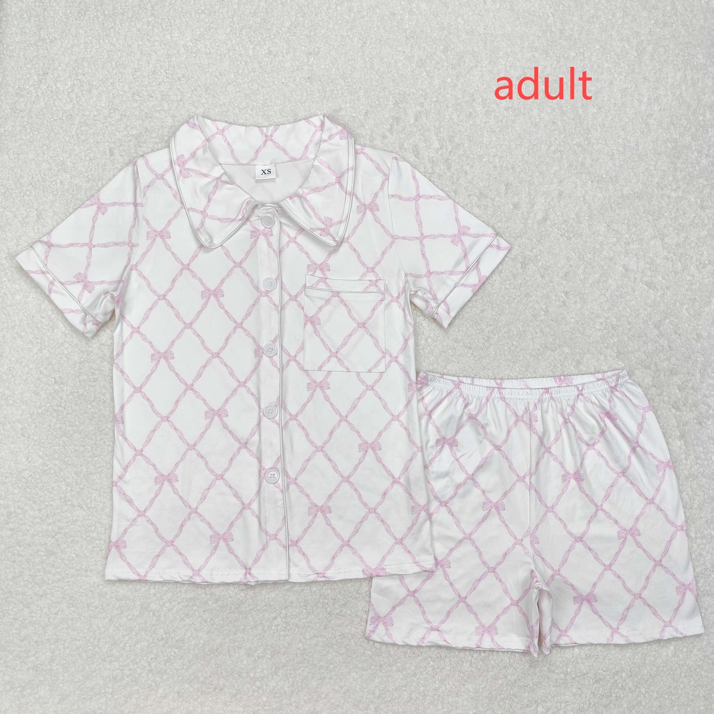RTS NO MOQ ETA 5/7days arrived GSSO1708 Adult Female Pink Bow Pattern White Short Sleeve Shorts Pajama Set