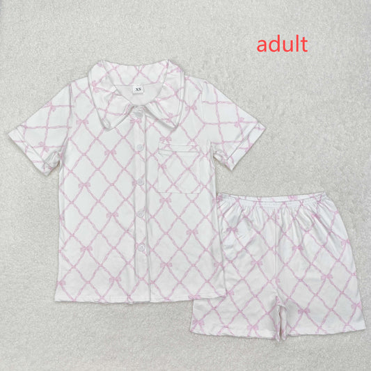 RTS NO MOQ ETA 5/7days arrived GSSO1708 Adult Female Pink Bow Pattern White Short Sleeve Shorts Pajama Set