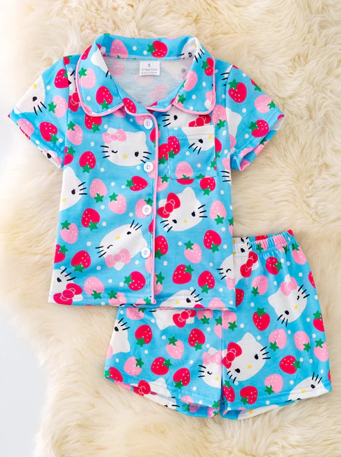 no moq GSSO1711 PRE-ORDER baby girl clothes Hello kitty blue short sleve shorts set-2024.12.4