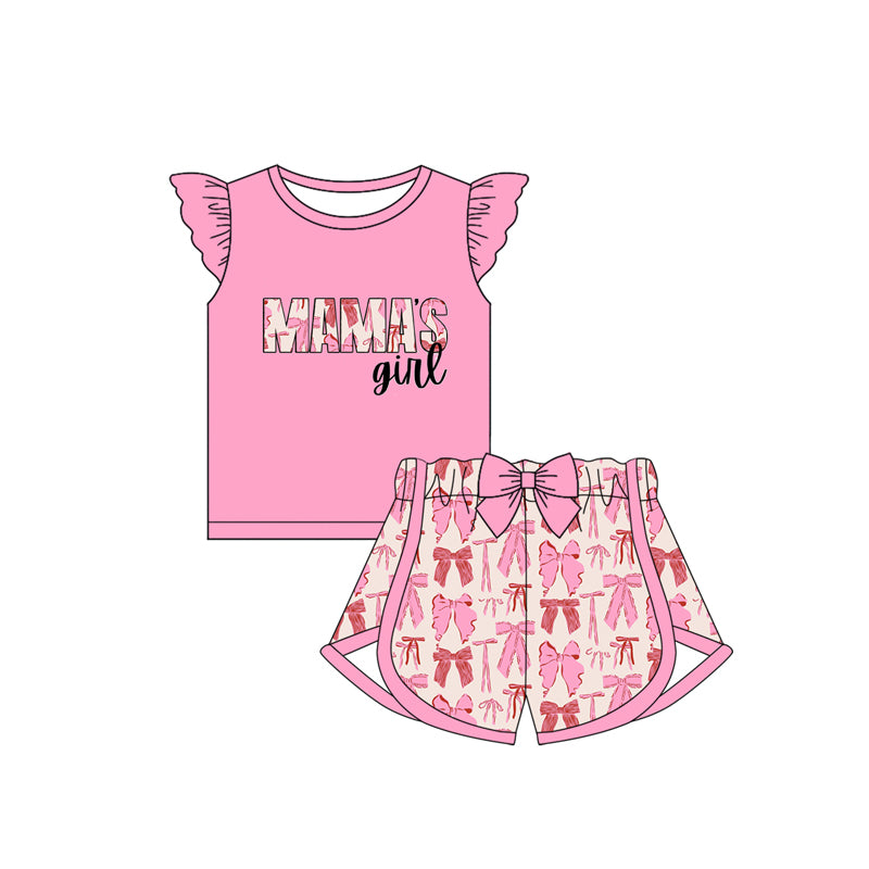 no moq GSSO1714 PRE-ORDER baby girl clothes bow MAMA GIRL pink flying sleeve shorts set-2024.12.4