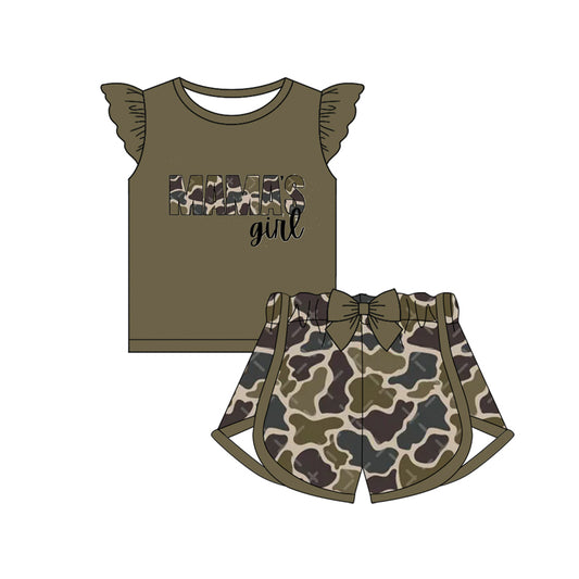 no moq GSSO1715 PRE-ORDER baby girl clothes bow MAMA GIRL camouflage flying sleeve shorts set-2024.12.4