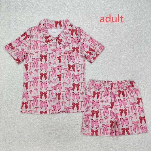 RTS NO MOQ ETA 5/7days arrived GSSO1717 Adult female pink bow pattern short-sleeved shorts pajamas set