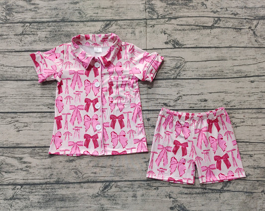 no moq GSSO1718 PRE-ORDER baby girl clothes bow pink short sleeve shorts pajamas set