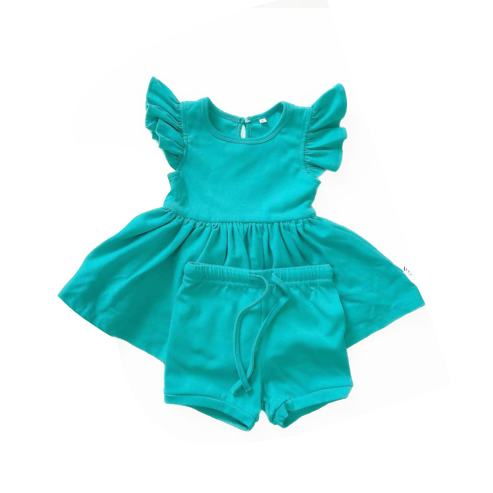 no moq GSSO1731 PRE-ORDER baby girl clothes solid color flying sleeve shorts set-2024.12.7