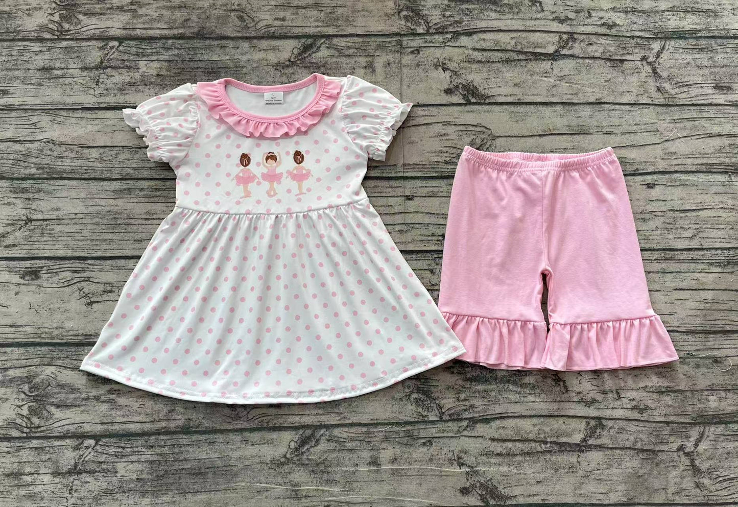 no moq GSSO1732 PRE-ORDER baby girl clothes ballet pink short sleeve shorts set