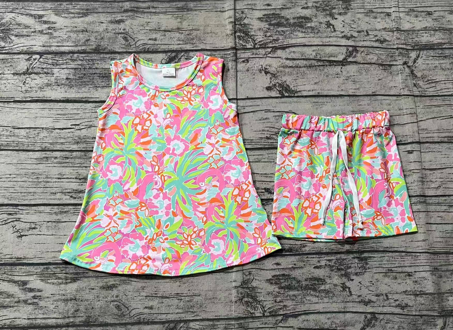 no moq GSSO1749 PRE-ORDER baby girl clothes floral pattern sleeveless shorts set