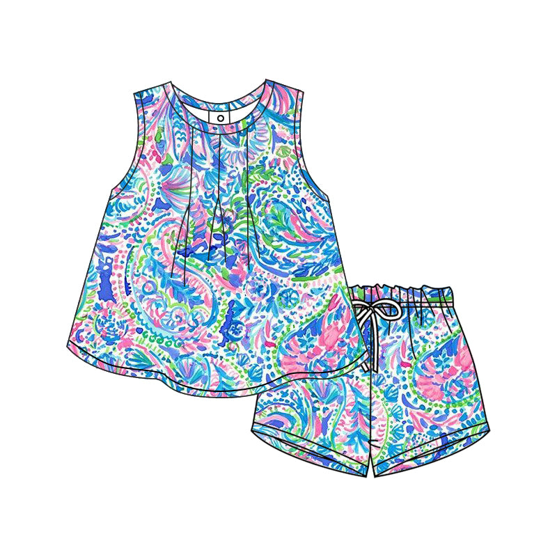 no moq GSSO1751 PRE-ORDER baby girl clothes floral pattern sleeveless shorts set-2024.12.10